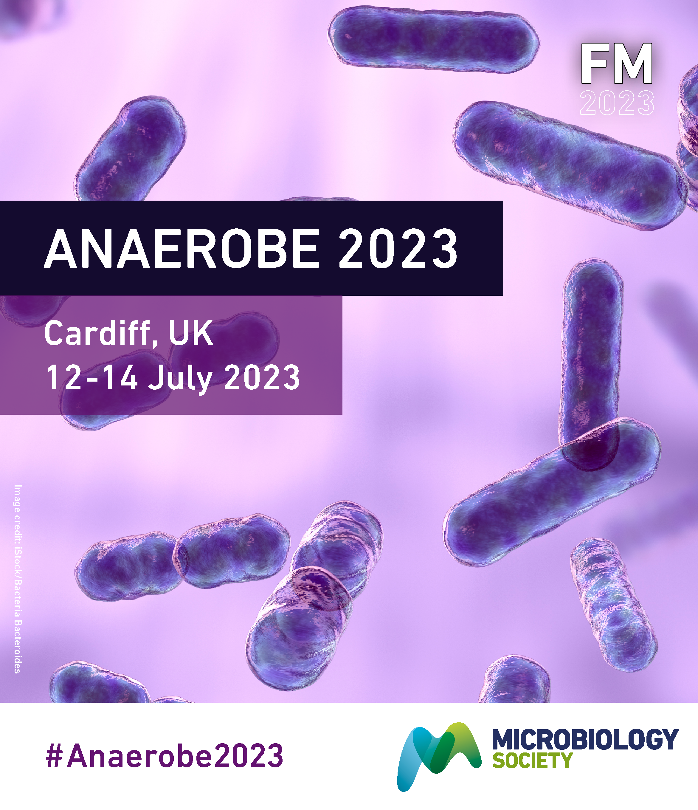 Event poster for Anaerobe 2023, Cardiff, UK, 12-14 July. Picture of microbes in background.