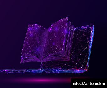 Low poly vector illustration of a laptop displaying a 3D book on the screen.
