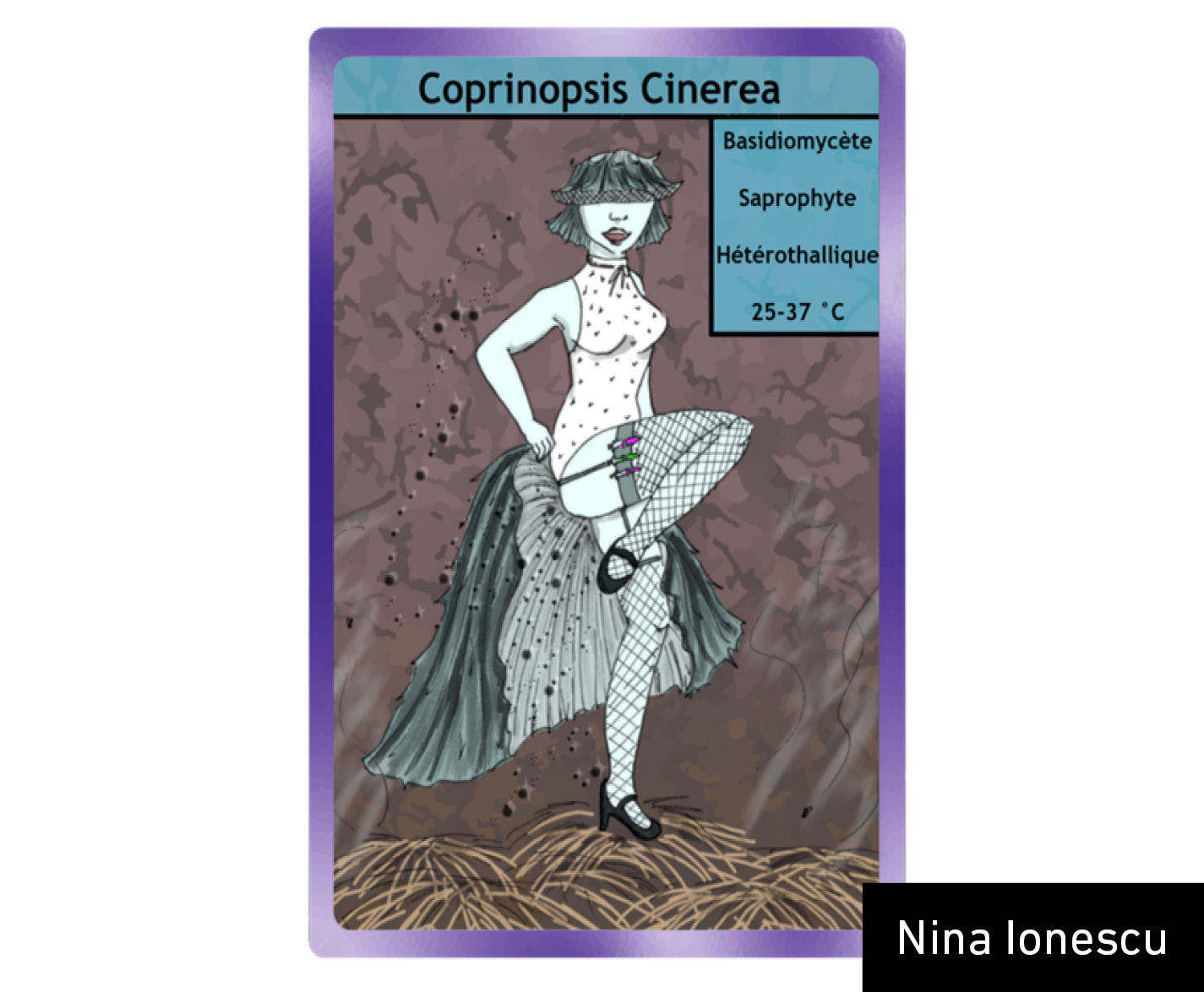 Card representing the fungus Coprinopsis cinerea. The representation brings to mind the role of this fungus as a model Basiodiomycota and highlights key morphological features that are studied in the theoretical class.